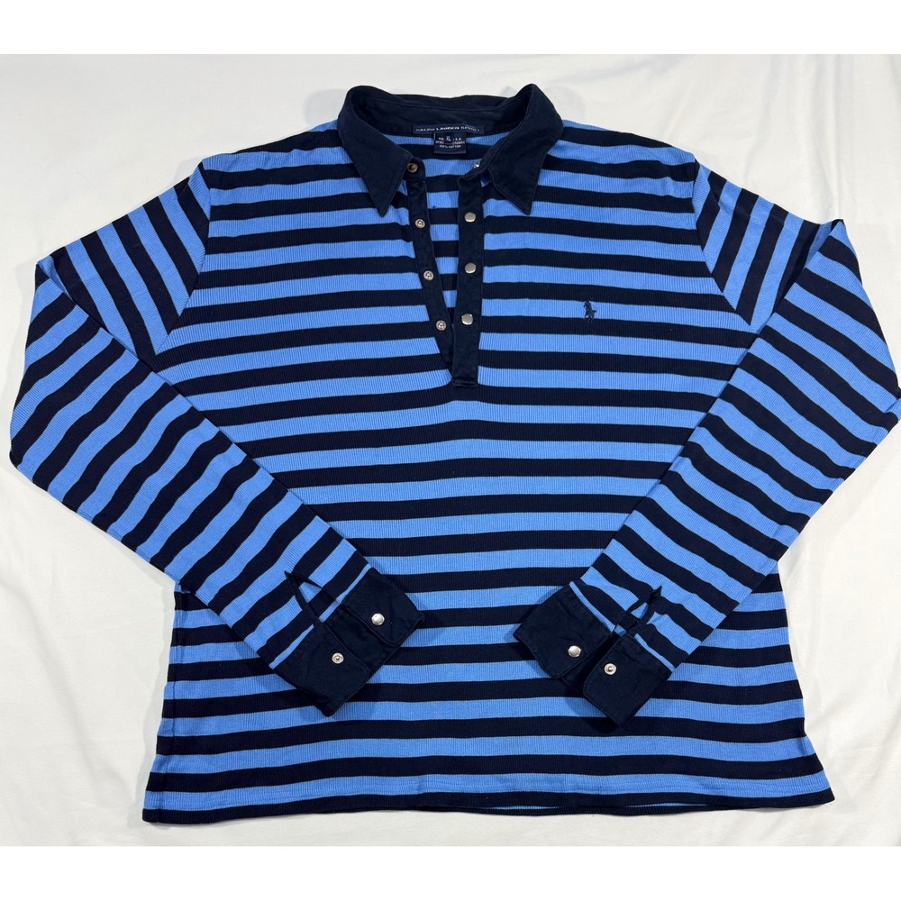 Vintage Ralph Lauren Sport Blue Striped Long Sleeve Snap Polo Shirt XL USA Made